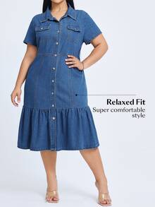 Flexra Casual Sweet Loose Ruffle Button Blue Daily Stretchy Comfortable Flattering Wear Denim Dress For Women - Light Wash - View 4