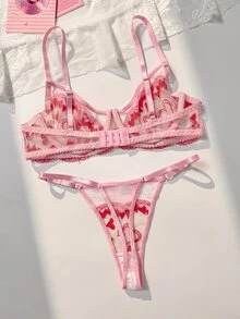 PetitDoll Sweet & Spicy Girl Pink Embroidered Heart Bra, Sheer Mesh See-Through Sexy Lingerie Set 2pcs - Multicolor - View 2