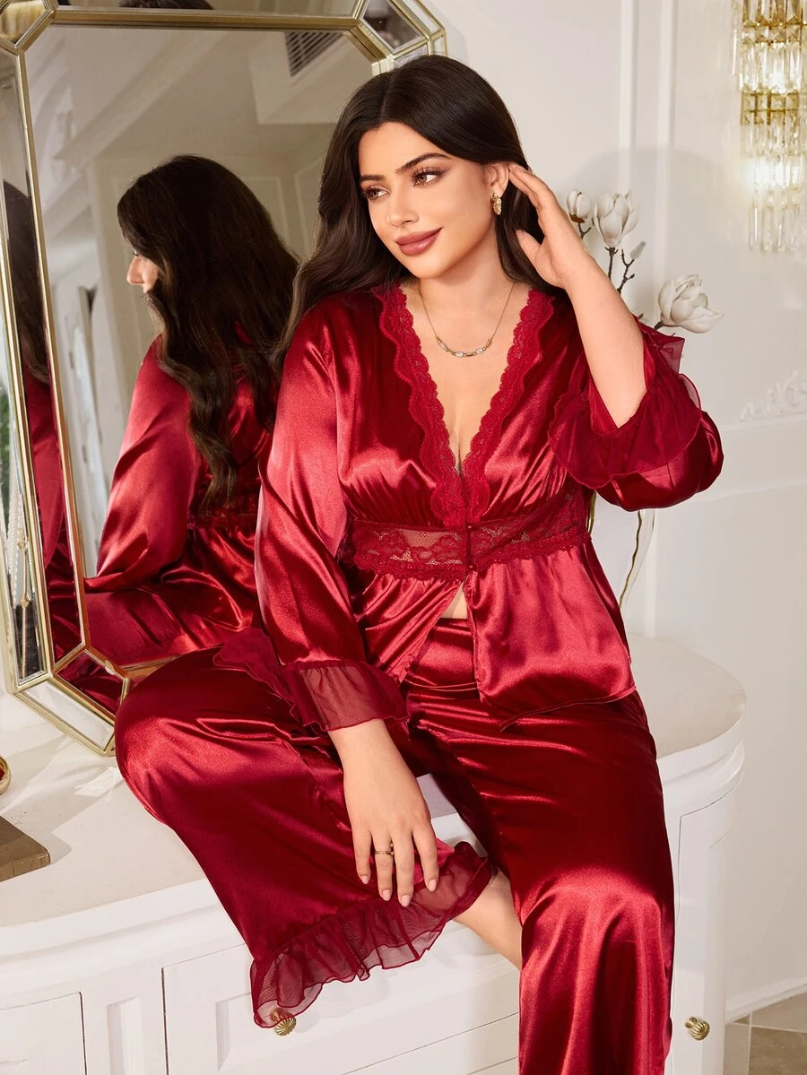 MuseNap CURVE Burgundy Lace Deep V Neckline Waist Lace Hollow Out Long Sleeve Long Pants Mesh Design Plus Size Women's Loungewear Set - Burgundy - View 1