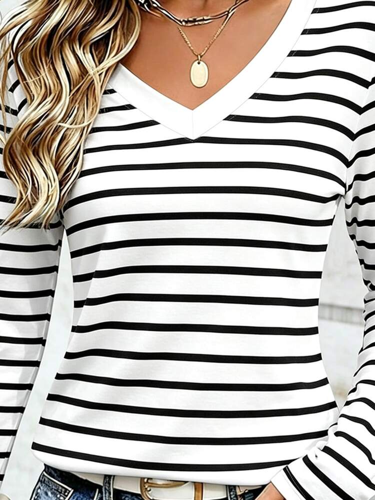 EMERY ROSE Plus size dam T-shirt med V-ringning, mogen randig topp, klassisk mönsterdesign, mångsidig, passar hösten - Multifärgad - Visa 3