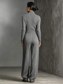 Balvessa Women's Zipper Half-Placket Drawstring Waist Sweater Jumpsuit - Dark Grey - View 2