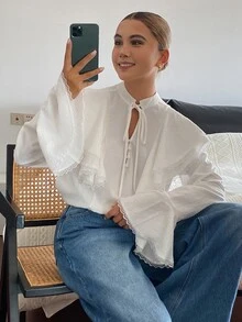 DAZY Solid Color Fitted Ruffle Bell Sleeve Tie Front Elegant Vacation Spring Autumn Blouse For Women - White - View 7