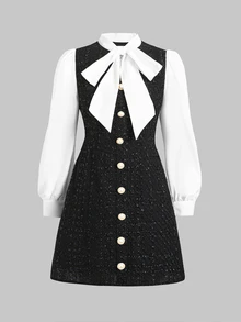 Tween Girl Collar Patchwork Kids Color Fashion Vacation Travel Autumn Dress - Black - View 3