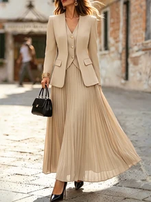 SHEIN Franclia 女款春夏/秋冬優雅西裝面料兩件套，2合1夾克搭配彈性腰褶皺長裙，適合下午茶及其他場合，秋冬新款套裝，展現時尚魅力 - 卡其色 - 查看 4
