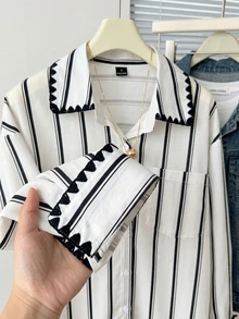 Comfortcana 女款刺繡棕色條紋拼接長袖修身時尚襯衫，附口袋，休閒優雅翻領 - 黑色 - 查看 4