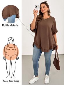 Shapeblank Plus Size Vintage Ruffle Trim Asymmetrical Hem Blouse - Mocha Brown - View 1