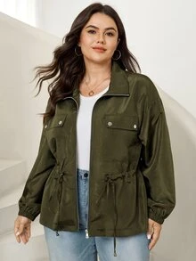 Comfylo Plus Size Women's Solid Color Zipper Casual Versatile Daily Travel Long Sleeve Jacket Fall - Green - View 3