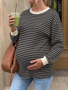 SHEIN 孕婦條紋圓領落肩長袖休閒T恤 - 黑與白 - 查看 5