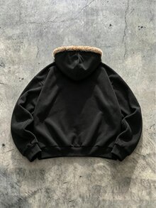 ROMWE MEN Street Life 男士水鑽拉鍊抓絨連帽衛衣 - 黑色 - 查看 3
