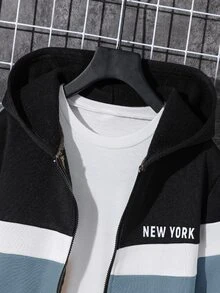 SHEIN 兒童青少年男孩休閒字母圖案連帽衛衣外套，舒適藍白配色，適合冬季、秋季、上學、開學季、街頭風 - 霧霾藍 - 查看 4