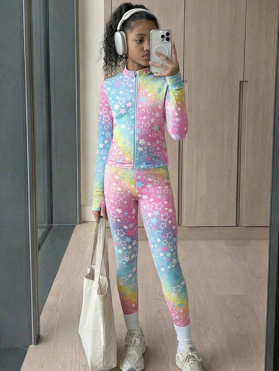Tween Girls Tween Girl Colorful Star Print Pink Knit Sportswear Set 2-Piece Casual Athletic Versatile Comfortable - Multicolor - View 1