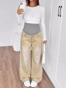 SHEIN 孕婦休閒水洗直筒牛仔褲 - 卡其色 - 查看 6