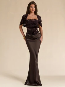 SHEIN BAE Fall Winter Deep Brown Satin Off Shoulder Ruched Slim Dress Elegant Thanksgiving Christmas Evening Gown - Brown - View 1