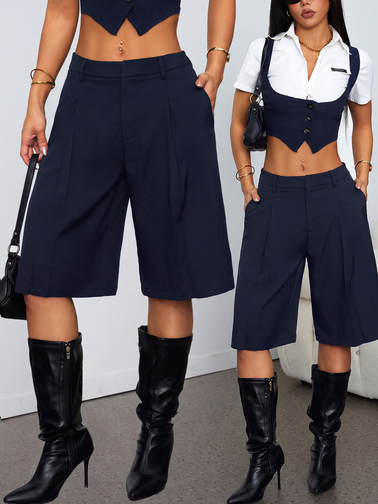 SHEIN PETITE Spring Minimalist Commute Gray Bermuda Shorts Women's Suit Shorts - Navy Blue - View 1