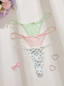 SHEIN 3件組女款前綴蝴蝶結蕾絲拼接花卉圖案丁字褲 - 彩色 - 查看 1