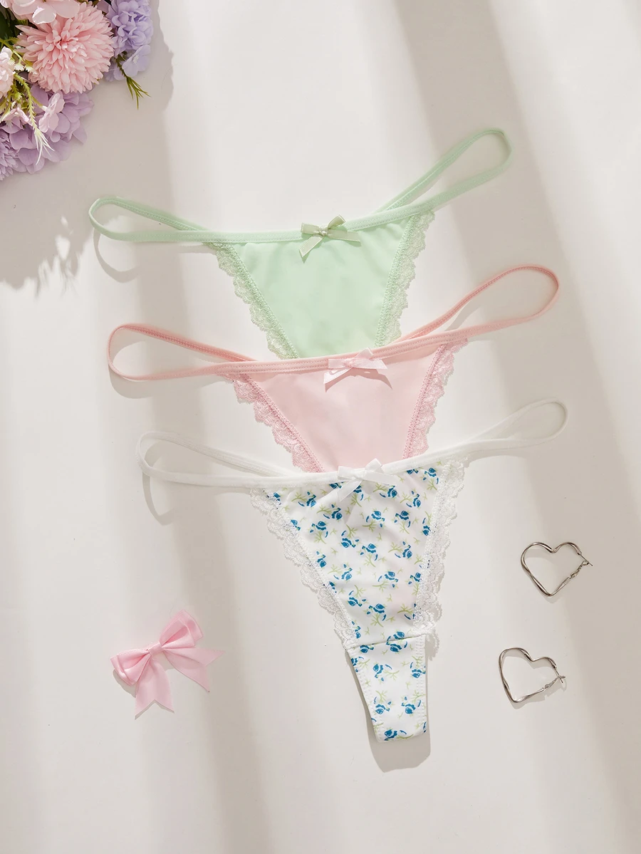SHEIN 3件組女款前綴蝴蝶結蕾絲拼接花卉圖案丁字褲 - 彩色 - 查看 1