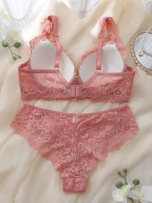 DelicateAllure 2 Peças Conjunto de Lingerie Feminina com Aro, Copo Moldado, Confortável, Balconette, Push Up, Alto Suporte, Renda e Patchwork, Rosa - Rosa chiclete - Visão 2