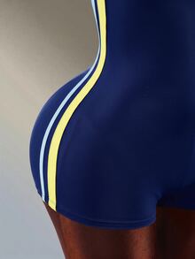 Amplova Contrast Color Striped Backless Spaghetti Strap Sports Romper Shorts - Navy Blue - View 6