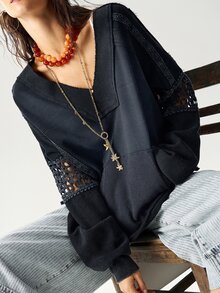 Bohemela Plus Size Women's Patchwork Hollow Design Pocket Loose Casual Sweatshirt Fall - Black - View 8
