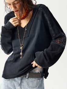 Bohemela Plus Size Women's Patchwork Hollow Design Pocket Loose Casual Sweatshirt Fall - Black - View 3