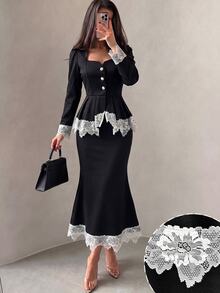 Modelyn Set 2 Potong Atasan Lengan Panjang dengan Potongan Ekor Ikan yang Ramping dan Motif Renda Patchwork Warna Kontras Gaya Wanita Elegan - Hitam dan Putih - View 4