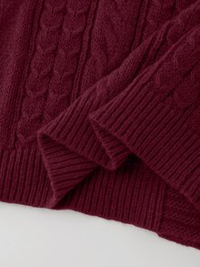 Franclia Caramel Cable Knit Cardigan, Round Neck Pearl Button Short Vintage Soft Style Sweater - Burgundy - View 6