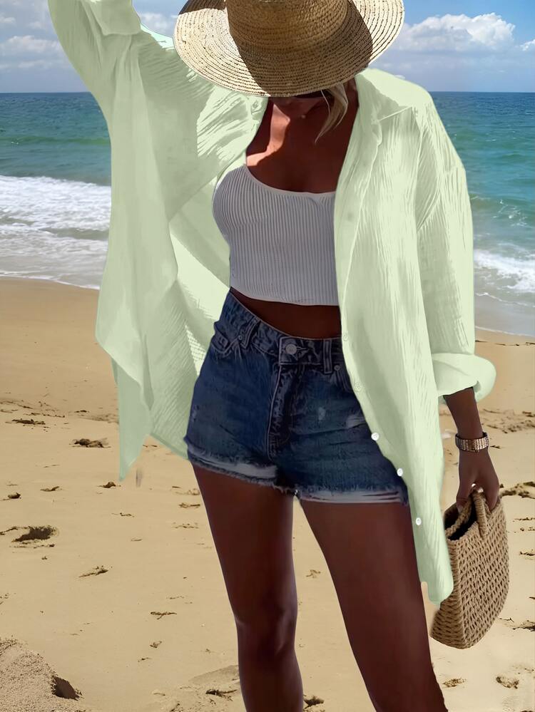 INAWLY Vacation Style White Coconut Tree Hollow Embroidery Loose Beach Shirt Dress - Green - View 2