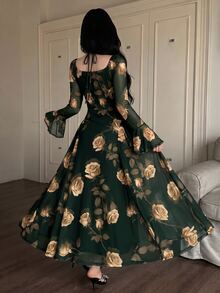 Feyla Women's Elegant Floral Print Waist-Cinching Long Dress - Army Green - View 2