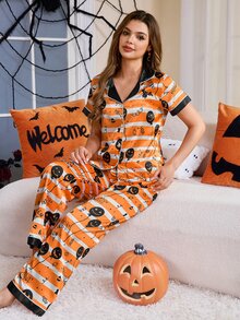 CoupledUp Halloween Funny Ghost Face Print Faux Silk Short Sleeve Lapel Pajama Set - Yellow - View 4