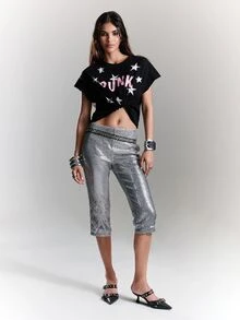BAD SUNDAY Women's Sequin Slim Fit Capri Pants, Y2K Sexy Millennium Hot Girl Versatile All Season Style, Summer/ Ibiza Clubbing Party Silver - Silver - View 3