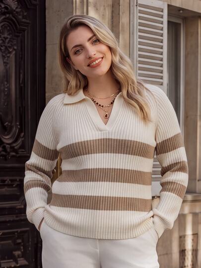 Rosumi Plus Size Women's Fashion Elegant V-Neck Lapel Contrast Stripe Apricot Pullover Sweater Casual Versatile Autumn/Winter Top For Daily Commute