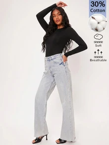 SHEIN BASICS Bodysuit Lengan Panjang Wanita Warna Polos, Pas Badan, Serbaguna, Warna Hitam, Cocok untuk Sehari-hari, Musim Gugur, Minimalis, Sederhana dan Serbaguna - Hitam - View 2