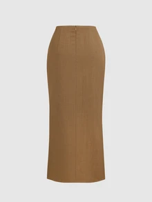 Sweetra Early Autumn New Asymmetrical Hem Waist Buckle Design Gentle Elegant Daily Office Brunch Party Versatile Korean Style Women's Long Skirt Coffee Brown - Khaki - View 2