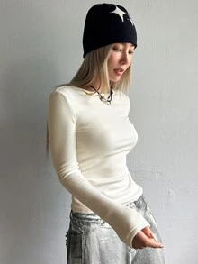 DAZY 女款保暖內裡修身純色T恤 - 米色 - 查看 6