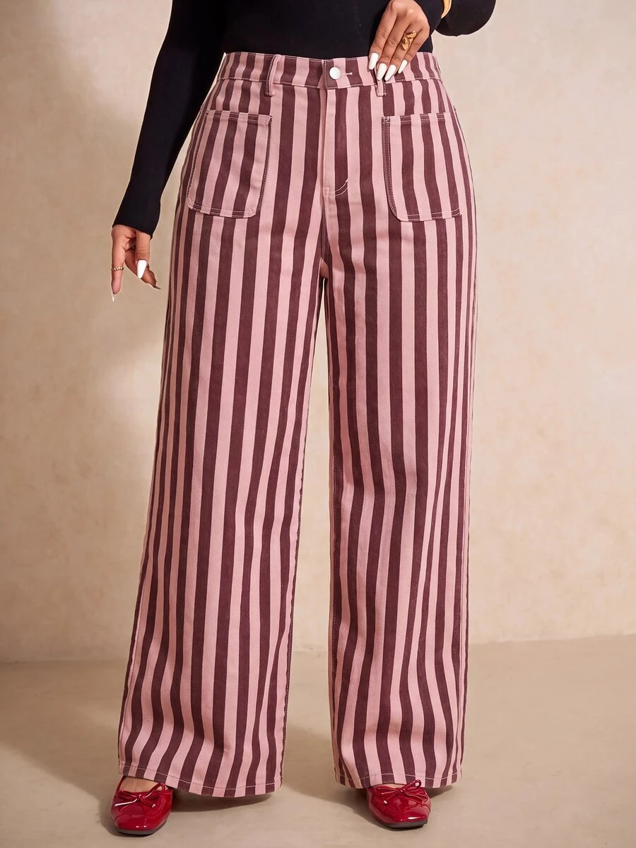Elaquor Plus-Size Women's Striped High-Waisted Wide-Leg Jeans With Pockets – Perfect For Casual Outings.Autumn - Pink - View 1