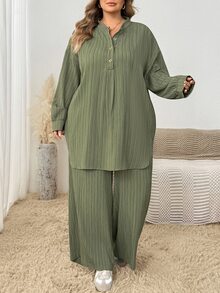 SHEIN CURVE+ 大尺碼立領長袖半拉鍊寬鬆休閒傳統圓弧下擺 2 件套秋季正式居家服 橄欖綠 - 綠色 - 查看 5