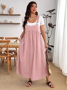 Enliva Plus Size Loose Black Strap Dress - Pink - View 6