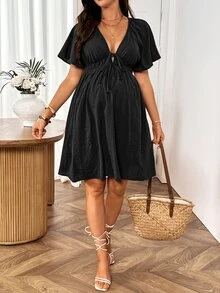 SHEIN Maternity Solid Color Deep V-Neck Pleated Casual Daily Summer Dress - Black - View 2