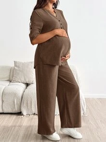 SHEIN 孕婦度假休閒襯衫與長褲兩件套 - 咖啡棕 - 查看 3