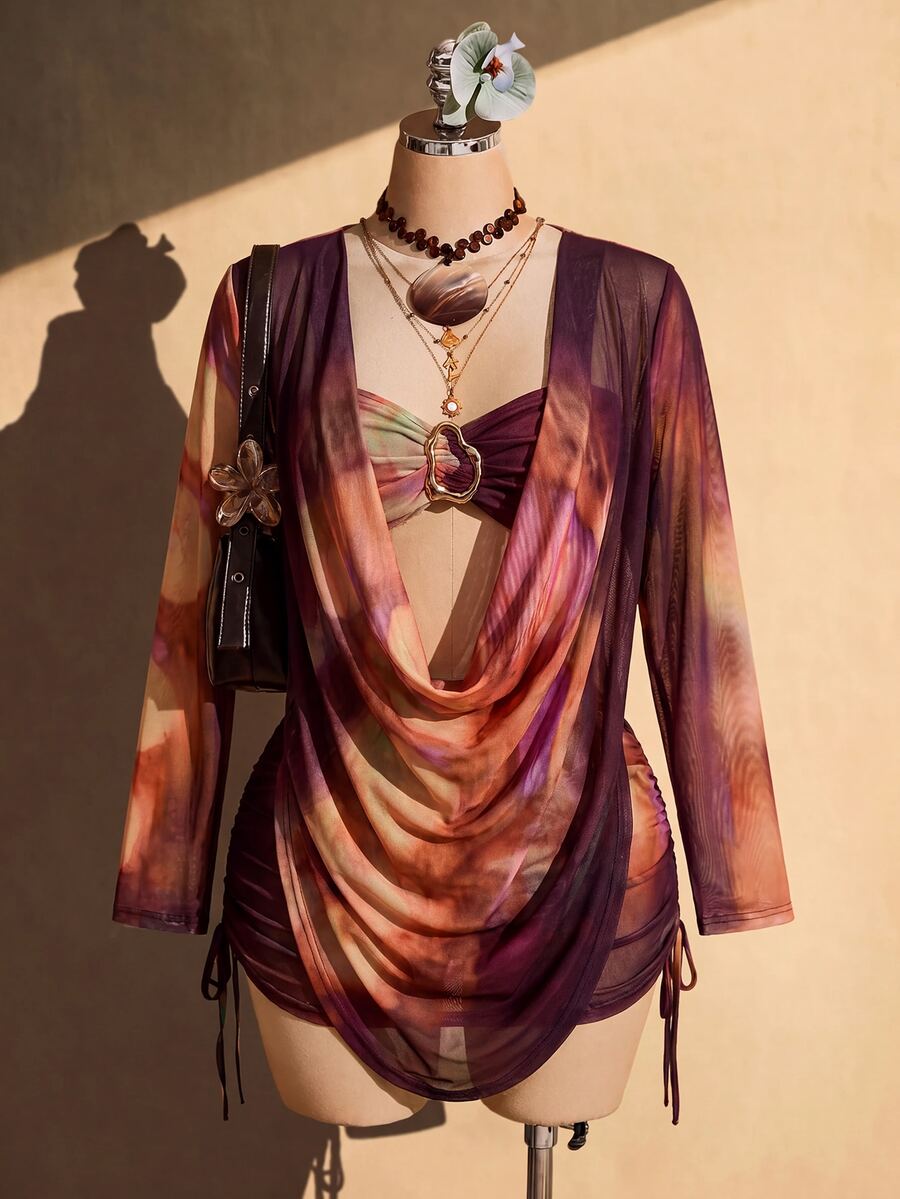 SHEIN ICON 大尺碼 Y2K 優雅性感商務休閒復古套裝,復古豹紋花卉網格印花,抹胸上衣、裙子、罩衫,夜店風,秋季紫色 - 中紫紅色 - 查看 1
