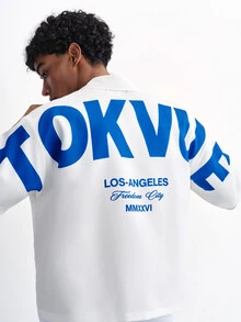 TOKVUE Men's White Cropped Short Sleeve Shirt, Front & Back Blue Letter Print Loose Streetwear Top - White - View 3