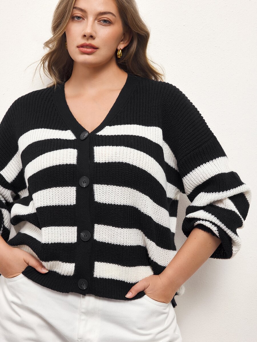 Maija Plus Size Autumn/Winter Casual Colorblock Striped Cardigan - Black and White - View 1