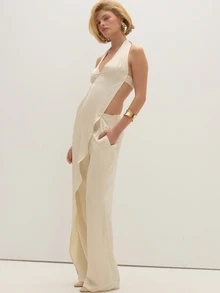 MUSEYN Cream Satin Halterneck Racer Back Cut Out Jumpsuit Party Evening Date Night Fall New Season Capsule Wardrobe - White - View 3
