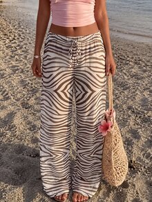 Nevyona Brown And Zebra Print Drawstring Wide-Leg Pants For Women, Suitable For Spring And Summer Beach Outings, Casual Wear, And Versatile Bottoms - Brown - View 5