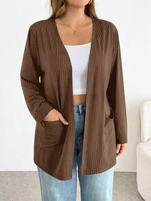 SHEIN Essnce 大尺碼秋季休閒純色雙口袋夾克 - 棕色 - 查看 6