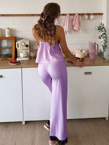 SweetSlumber Women's Sweet INS Colorblock Lace Patchwork Comfortable Slimming Knit Pink Pajama Set - Lilac Purple - View 2