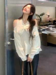 DAZY Sweater Wanita Lengan Panjang Model Korea Kerah V dengan Pita untuk Musim Gugur/Dingin - Putih - View 8
