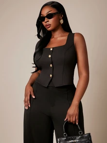SHEIN SXY سترة بليزر بدون أكمام بياقة مربعة بلون موحد للنساء بمقاسات كبيرة - الأسود - مشاهدة 5
