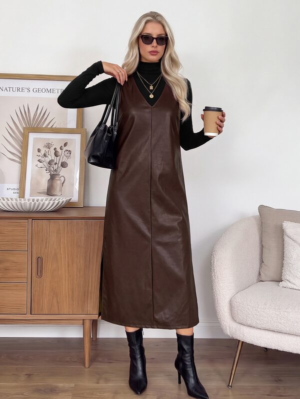 Easowa Women's Casual Autumn/Winter Commute Daily Basic Fashion Outwear PU Leather Split Mid-Length Dress