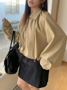 Dazy Plus Solid Color Loose Fit Lapel Lantern Sleeve Casual Elegant Vacation Fall Doll Blouse Jacket Office Going Out Beige - Khaki - View 1